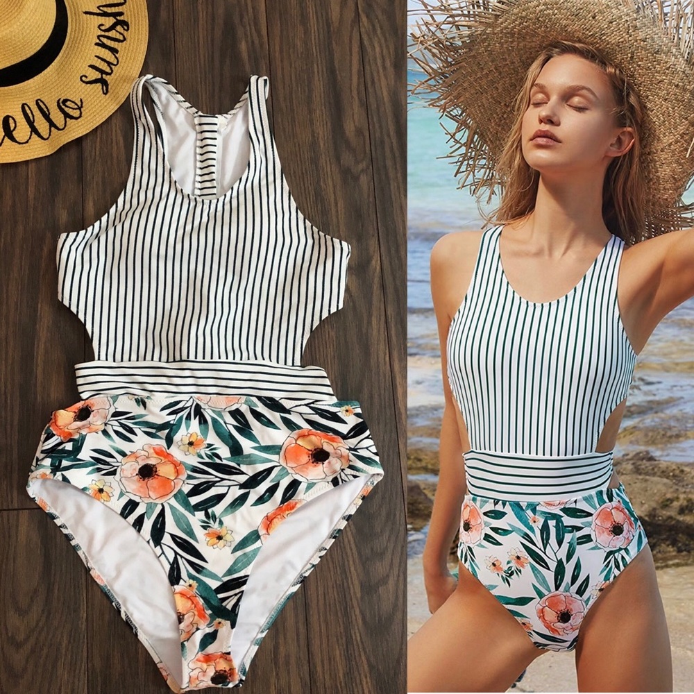 New! Cupshe floral and stripe one-piece swimsuit
